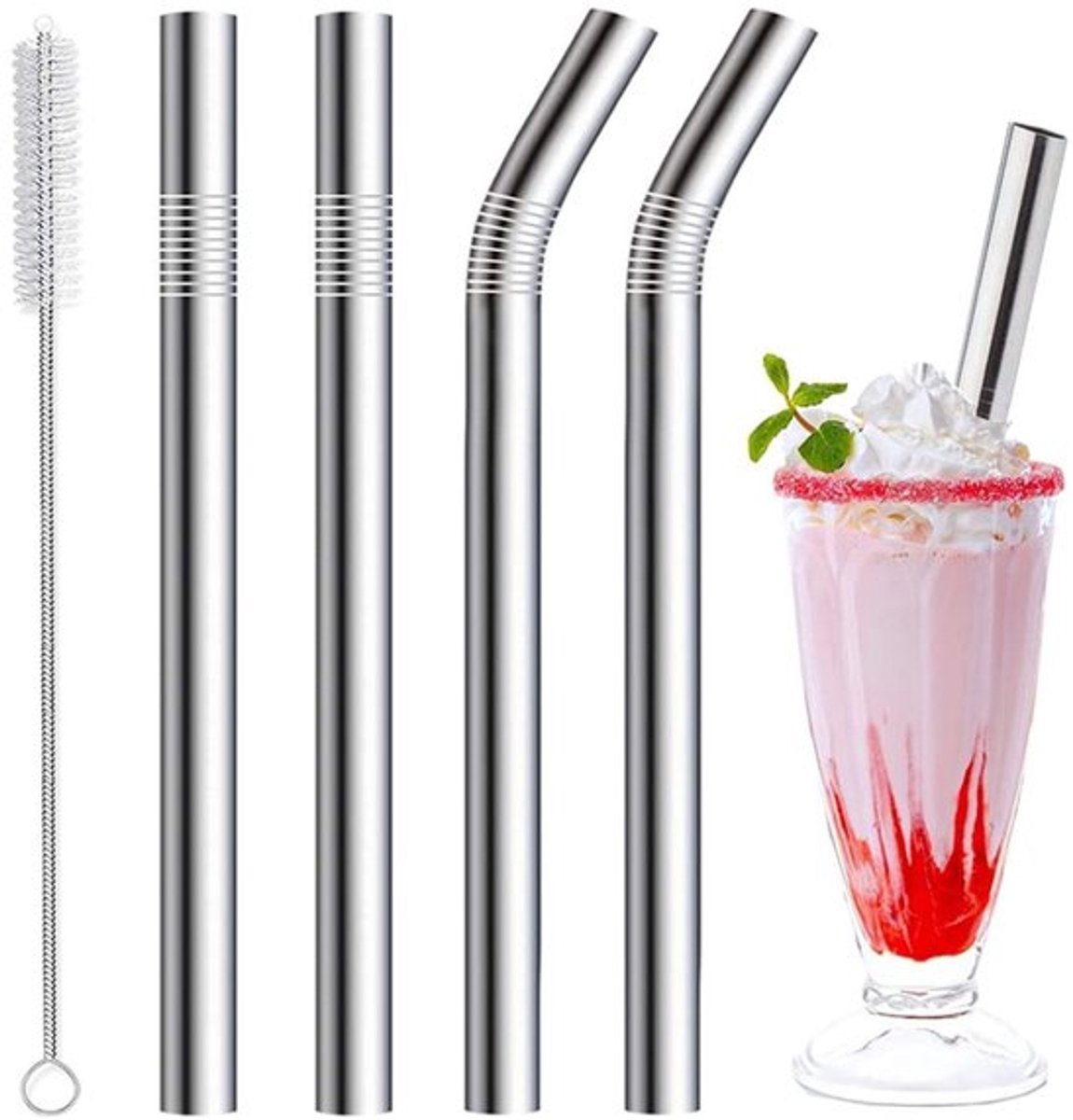 Milkshake Rietjes, 10 mm Brede Rietjes, 4 Stuks RVS Rietjes 266 mm en 216 mm Lang Rietje met 1 Rietjesreiniger, Herbruikbaar Metaal Rietje voor Milkshake, Smoothie en Jumbo Dikke