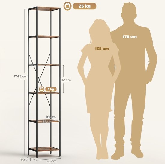 Boekenkast 6 Lagen - 2-Delig Stalen Frame Met X-Versteviging - 30 X 30 X 174,5 Cm - Hout - Rustiek Bruin - Voor Woonkamer, Kantoor En Slaapkamer — afbeelding 5