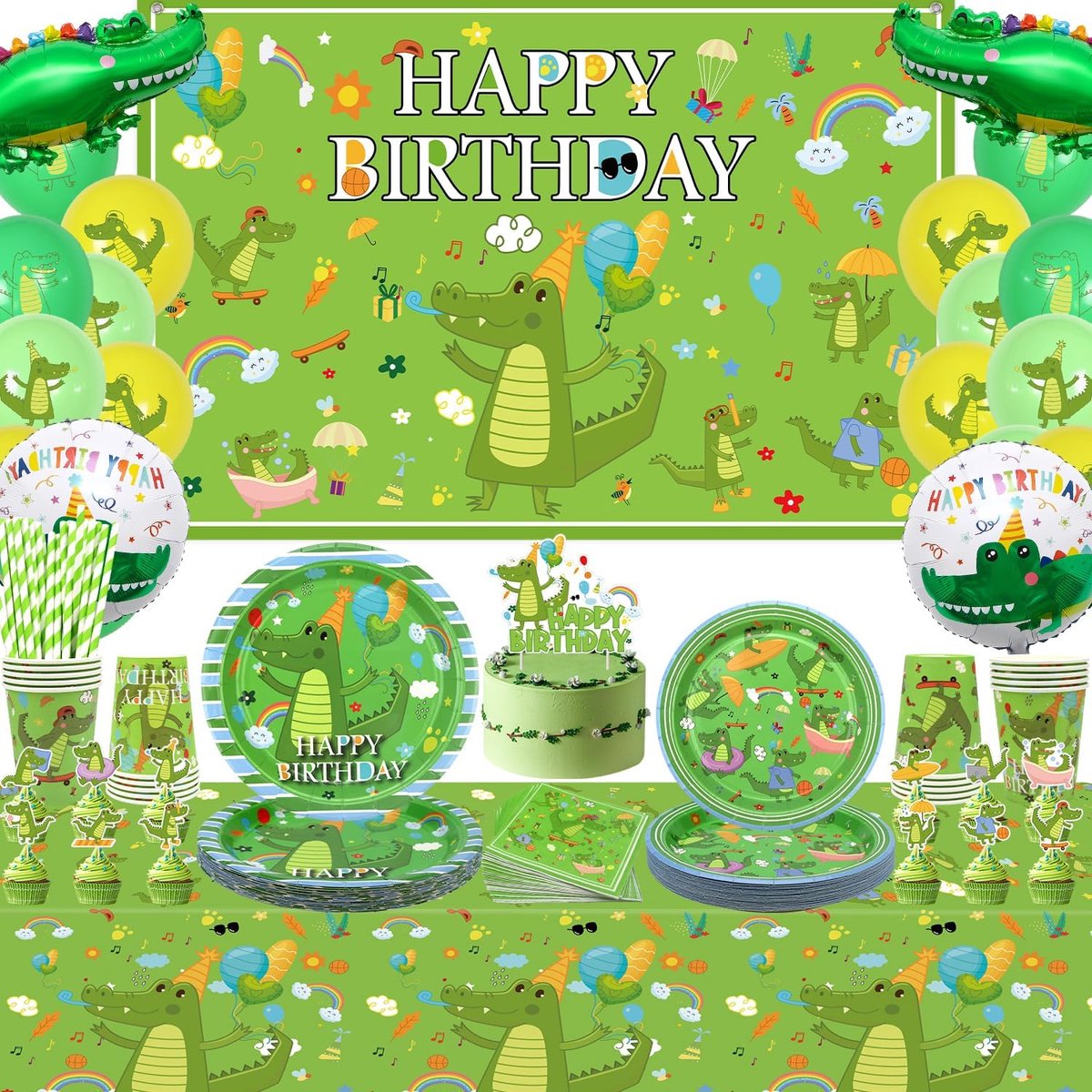 Verjaardagsfeestdecoraties - Krokodil thema - Banners, ballonnen, serviezen - Compleet feestpakket - ShopVlot