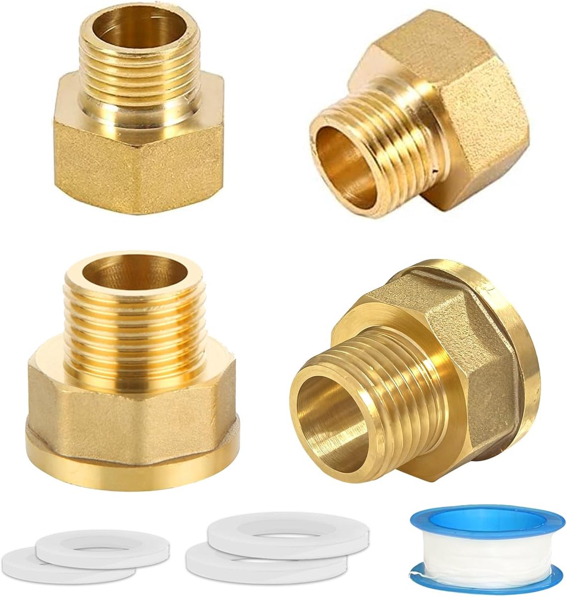 Brass reducer set 4-delig - 2× G 3/4 inch naar G 1/2 inch + 2× G 1/2 inch naar G 3/8 inch - robuust messing - ShopVlot