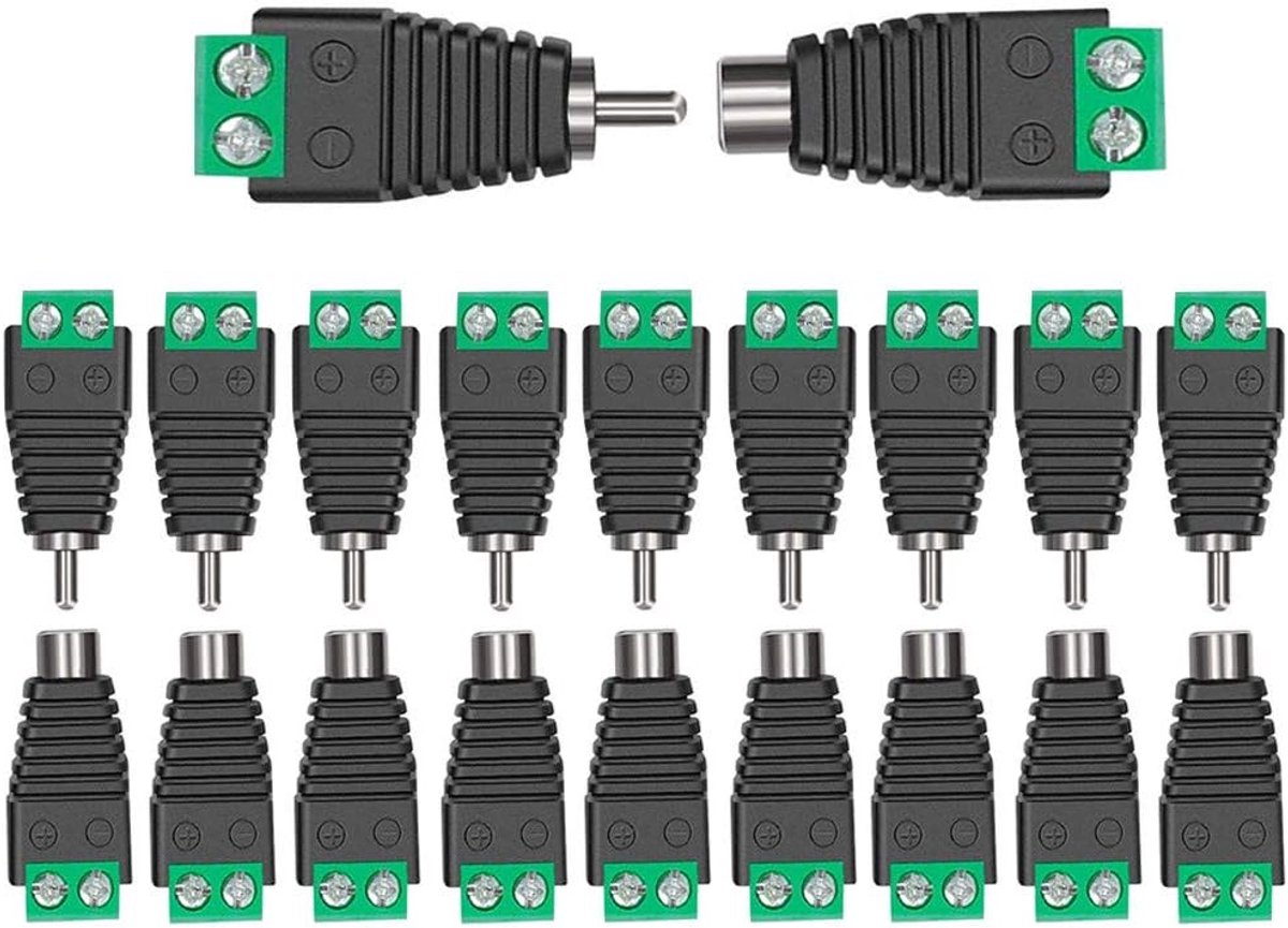 RCA adapters 10 paar - 2-pins male en female kit - terminal block met schroefklem - eenvoudig aansluiten van kabels - ShopVlot