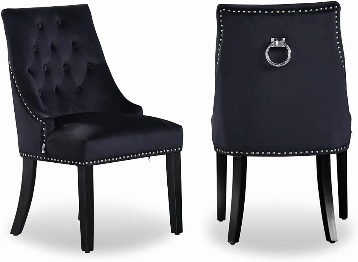 Eetkamerstoel zwart - tufted velvet stof - deurklopper detail - perfect voor elke ruimte - ShopVlot