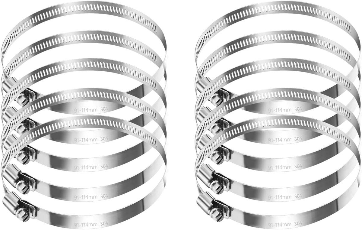 Set van 10 RVS Slangenklemmen 91-114 mm - Verstelbare Slangklemmen - Duurzaam en Roestvrij - Ideaal voor Regenbuizen - ShopVlot