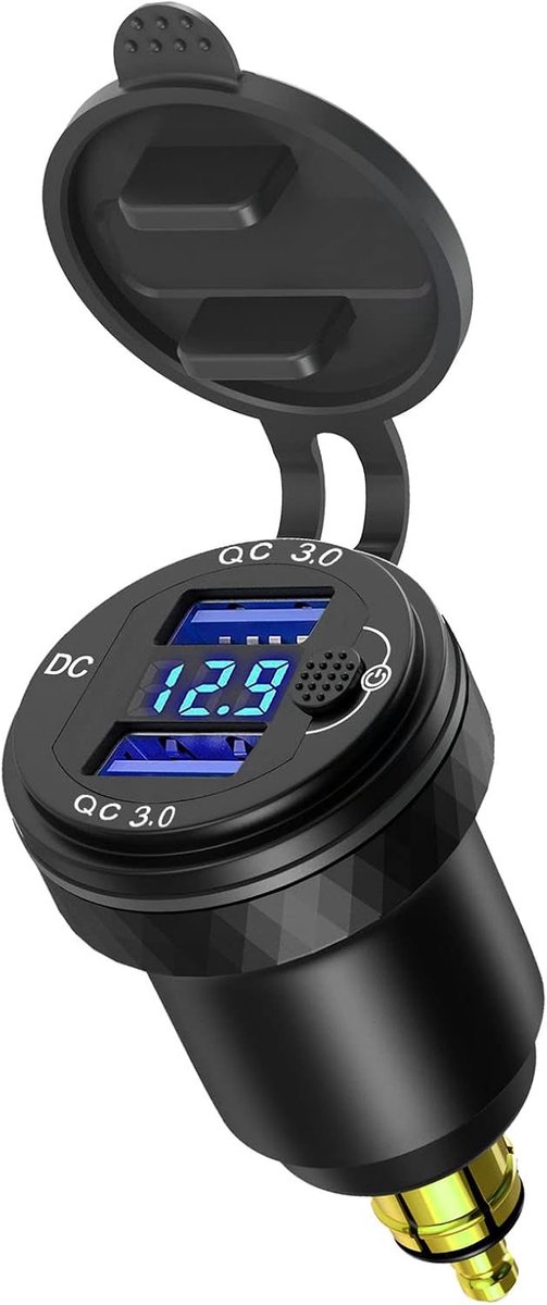 USB Oplaadadapter met Voltmeter - Dubbele Quick Charge 3.0 - Geschikt voor Motoren - Snelladen voor apparaten - ShopVlot