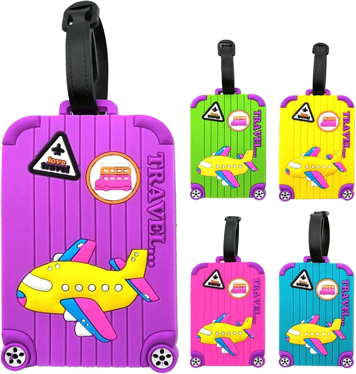 SnelShoppen - 5 Stuks Kofferlabels, Kleurrijke Bagagelabels met Naam ID Kaart, Silicone Kofferlabel - Perfect voor Reizigers