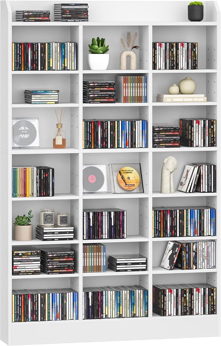 Hzuaneri CD-rek 8 niveaus, 15 verstelbare planken, 17 x 100 x 154,5 cm wit, Open cd-rek, dvd-plank, Manga-rek, staande rek, vitrine, geschikt voor woonkamer en studeerkamer