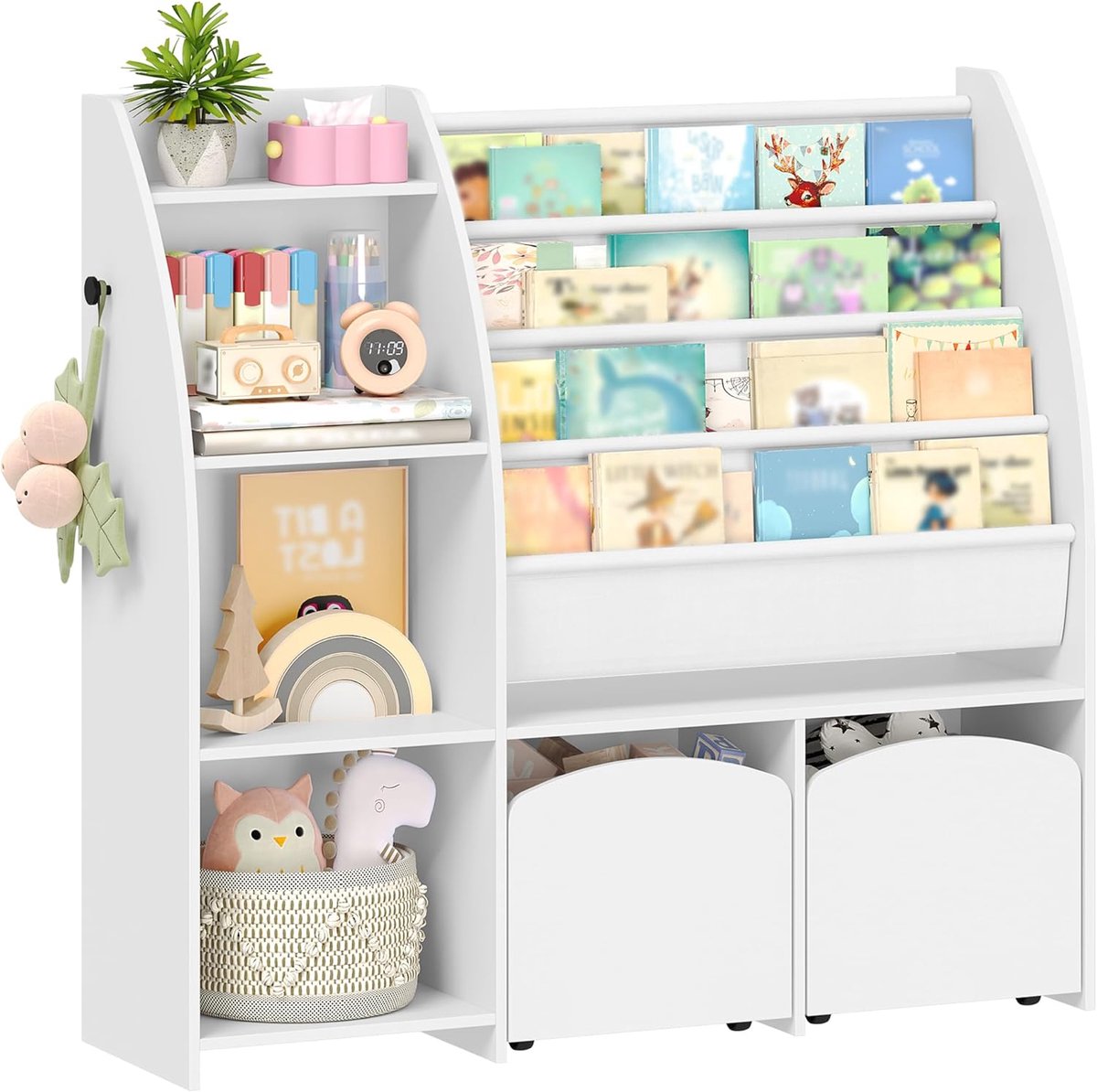 Hzuaneri Kinderrek met krantenstandaard, 30 x 105 x 100 cm, wit Boekenkast, speelgoedrek, 2 kolommen, 4 planken, opbergdoos, voor kinderkamer, woonkamer