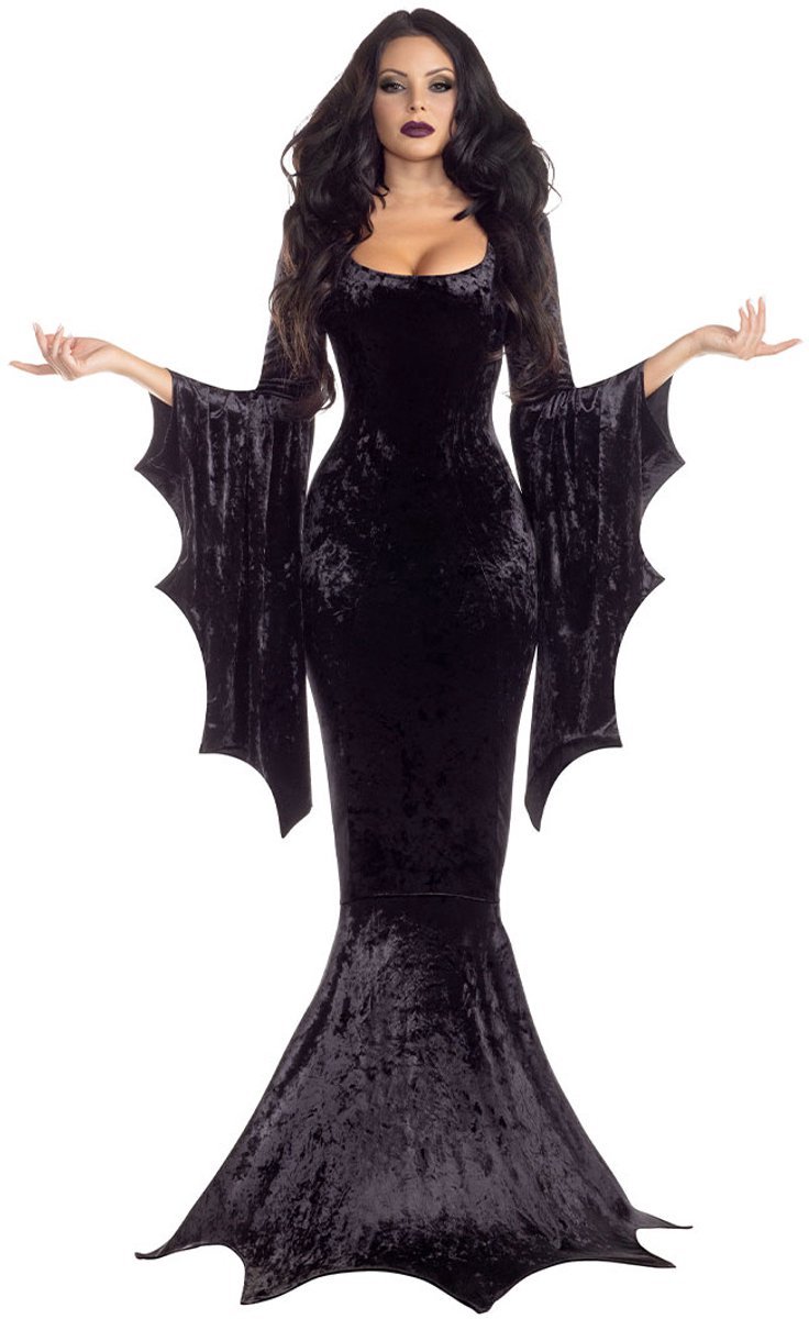 Casalora Halloween Kostuum: Verkleedjurk Heksen / Vampier Dames - Fluwelen Jurk - Lange Verkleedjurk voor Carnaval, Cosplay en Halloween - 2XL - Zwart
