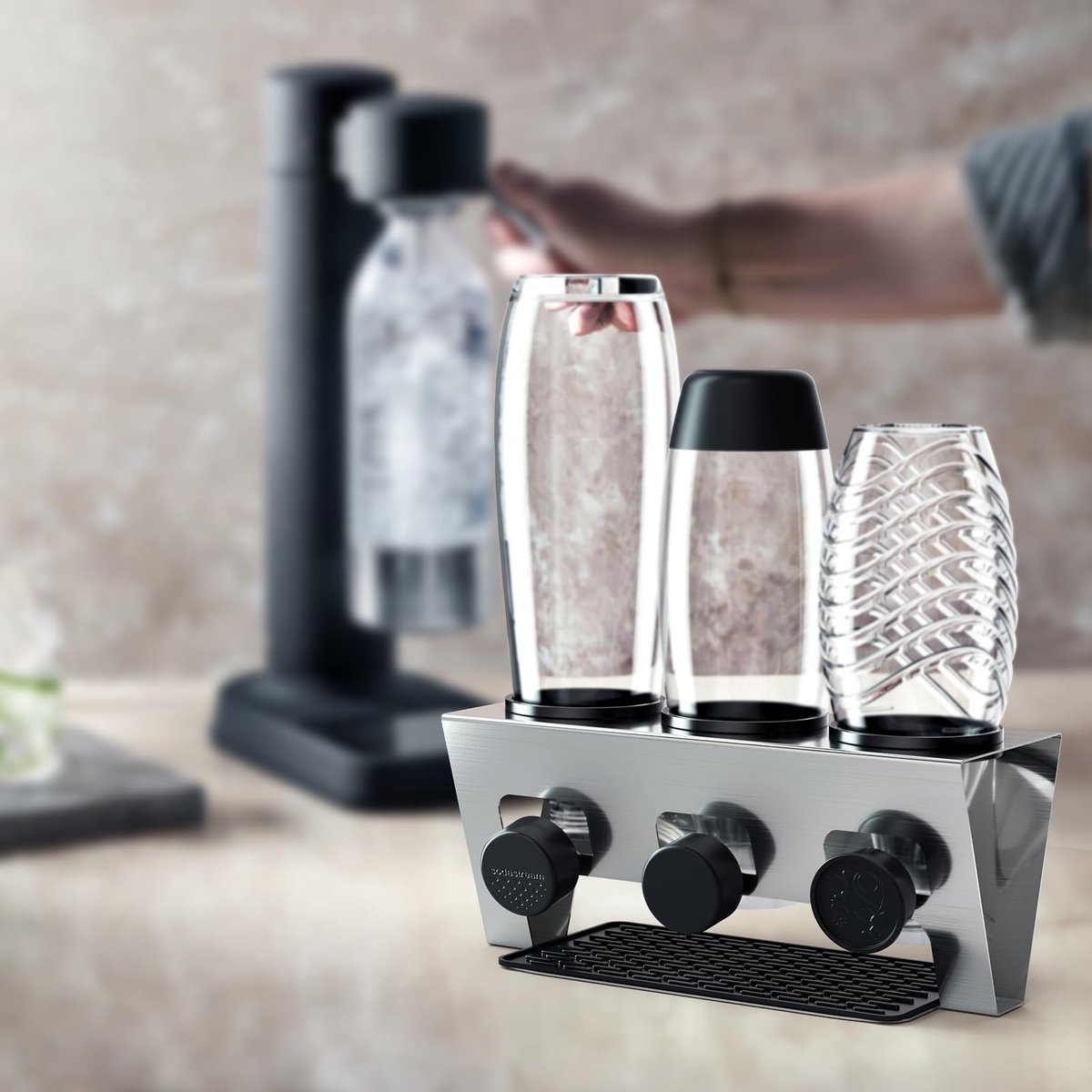 Flessenhouder met Crystal flessen - 3-delige accessoires - geborsteld roestvrij staal - ideaal voor afdruipen - m-winkel