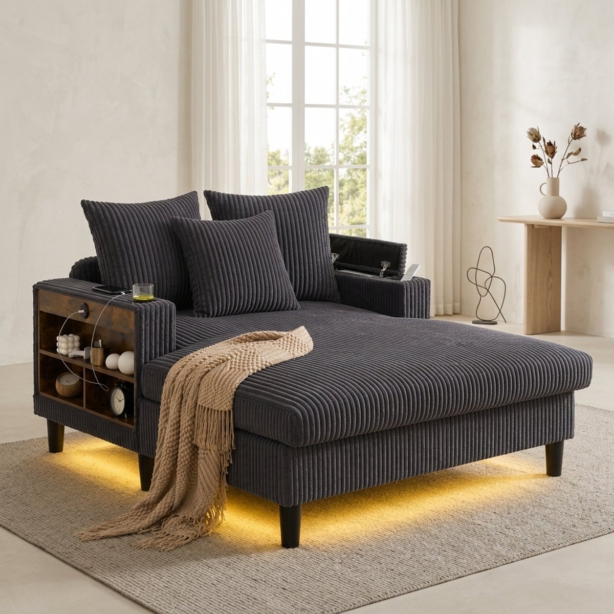 MEUNIQ Chaise longue donkergrijs 170 x 129 x 70 cm met ribstof, LED-verlichting, bekerhouders, USB-oplaadpoort en opbergruimte voor woonkamer