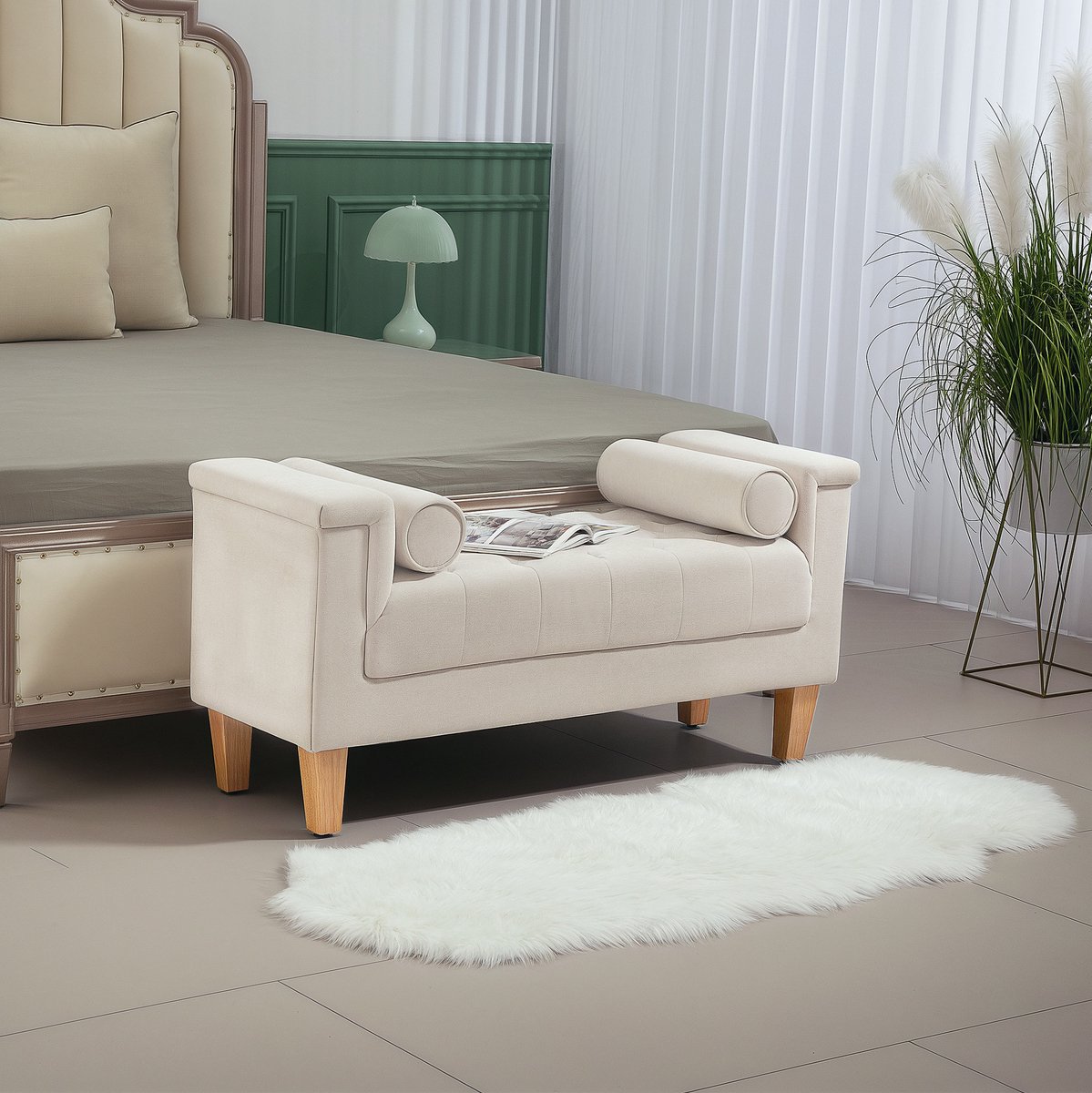Bank 115 X 44 X 58 Cm – Gestoffeerde Zitbank Met Armleuningen En 2 Kussens – Voor Slaapkamer, Woonkamer En Hal – Polyester – Beige