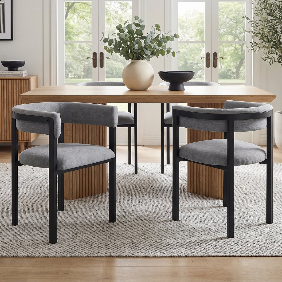 4 Stapelbare Eetkamerstoelen 61x50x76 cm - Gestoffeerde Stoelen Met C-Vormige Rughleuning - Chenille Grijs