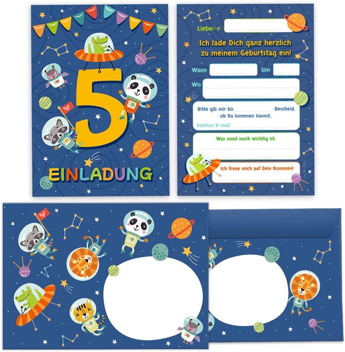 uitnodigingskaarten 12 stuks - astronaut thema - inclusief enveloppen - voor 5e verjaardag - ShopVlot