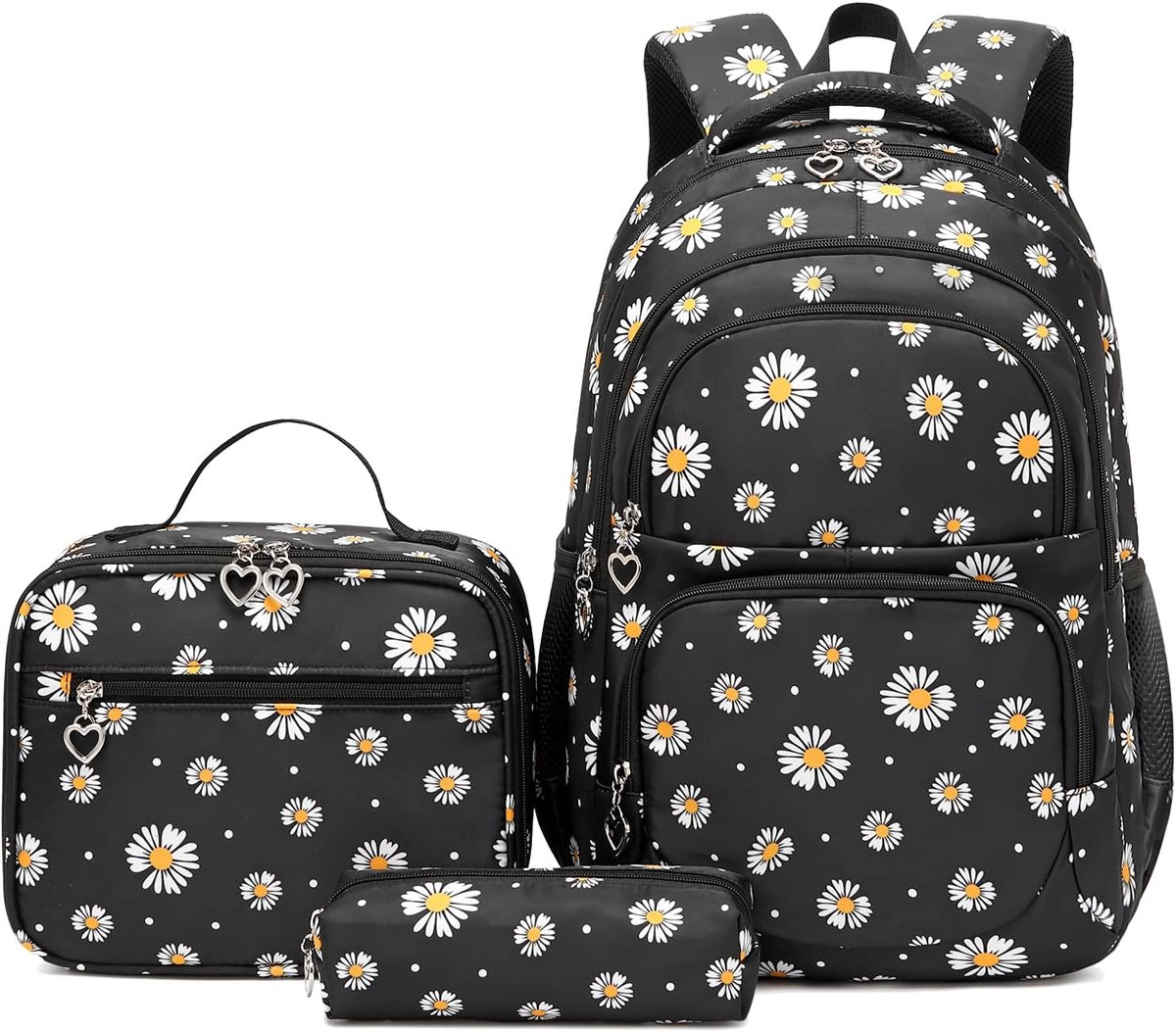 Ulisem - Schooltas - 3-delige set met madeliefjes print, lunchtas en pennenzak - Waterdicht en lichtgewicht nylon - Geschikt voor 14 inch laptop - 30x16x43 cm - Voor meisjes en jongens - Ook voor reis en dagelijks gebruik - Zwart