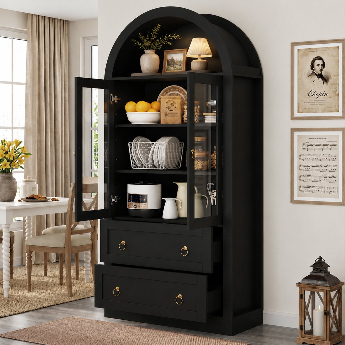 Opbergkast Met Glasdeur - Hoge Kast 80x36x170 cm - Zwarte Kast Met Laden Voor Woonkamer