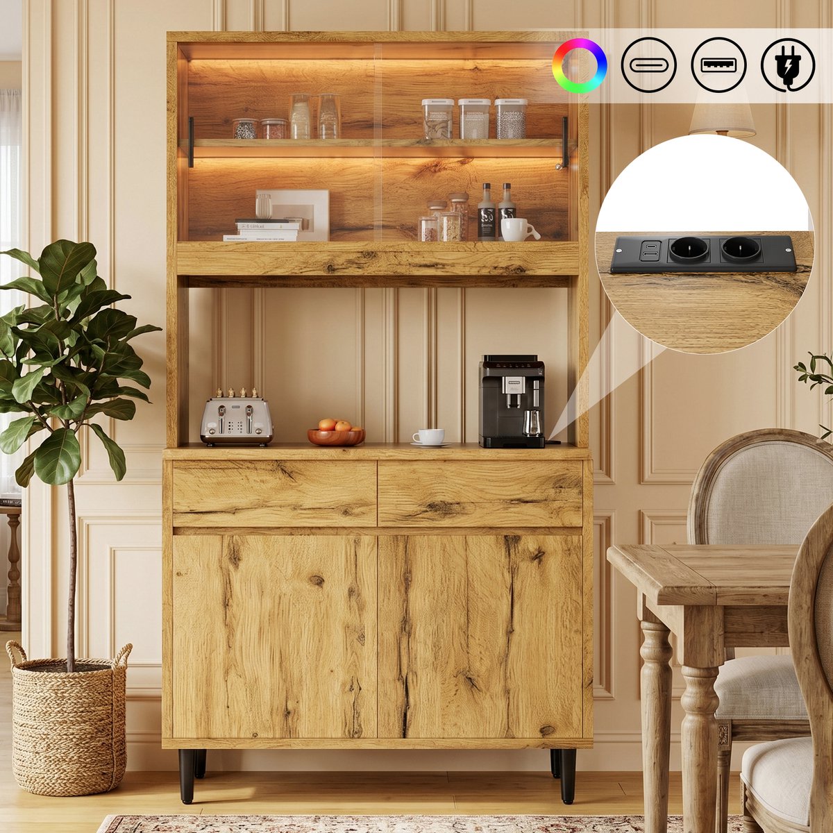 Buffetkast 100x40x185 cm - Hoge Kasten Met LED Verlichting USB-C En 2 Stopcontacten Eiken