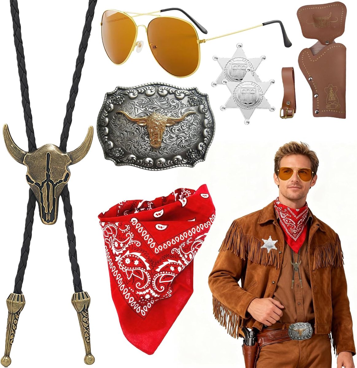 Men's Cowboy Costume Set of 8 Bandana Gun Holster Sheriff Stars Belt Buckle Necklace Sunglasses Belt Belt Western - ShopVlot