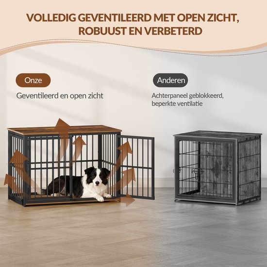 Vergelijking van een open hondenbench met een gesloten bench. Illustreert ventilatie.