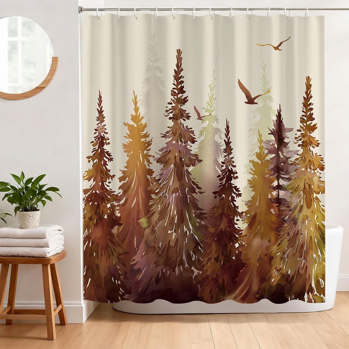 Bos douchegordijn 180 x 180 cm herfst dennenbomen en wilde gans douchegordijn voor badkamer decor schimmelbestendig - ShopVlot