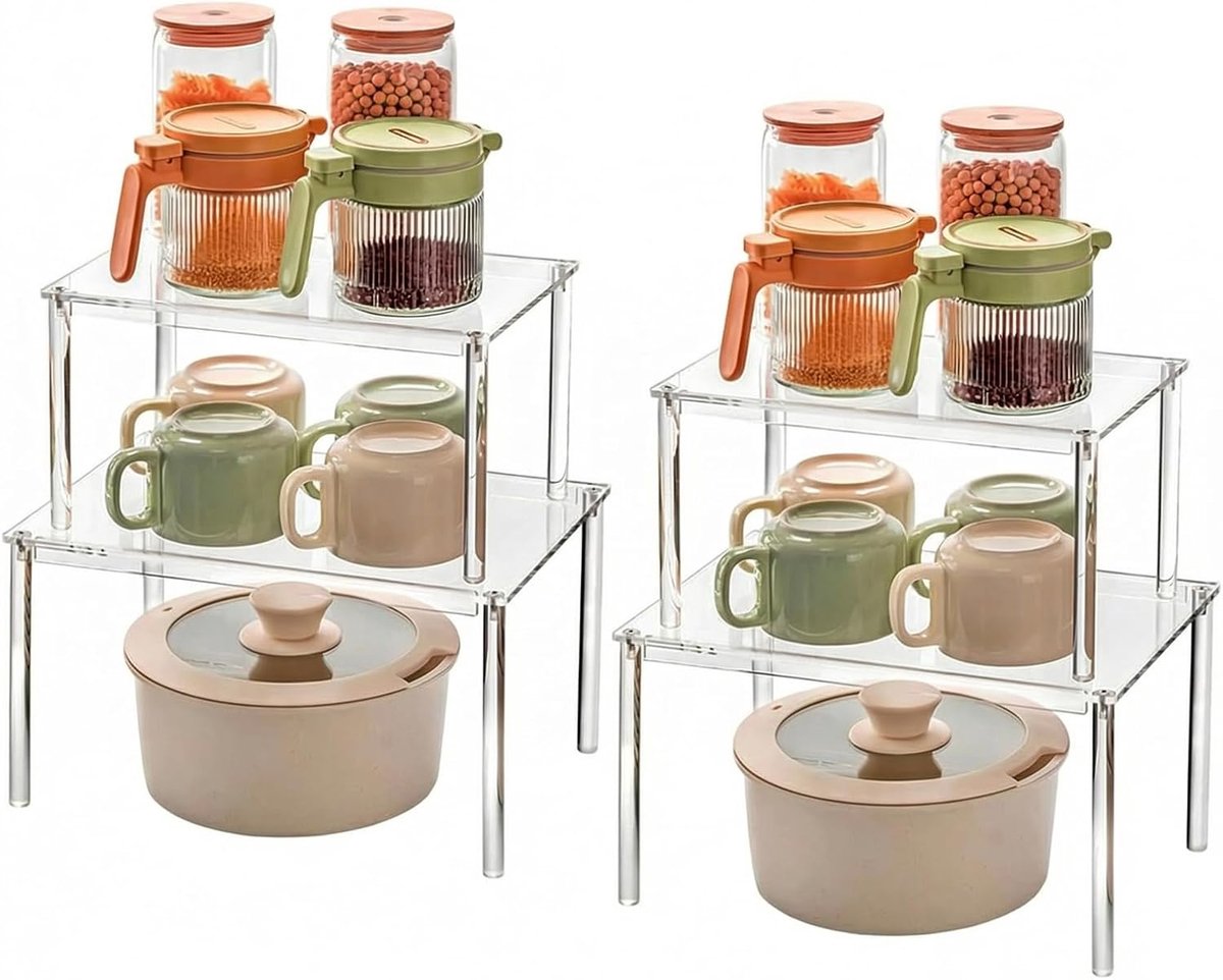 Set van 4 doorzichtige kruidenrekken, transparante acryl keukenorganizer, kruidenorganizer, rekinzet voor keukenkast - ShopVlot