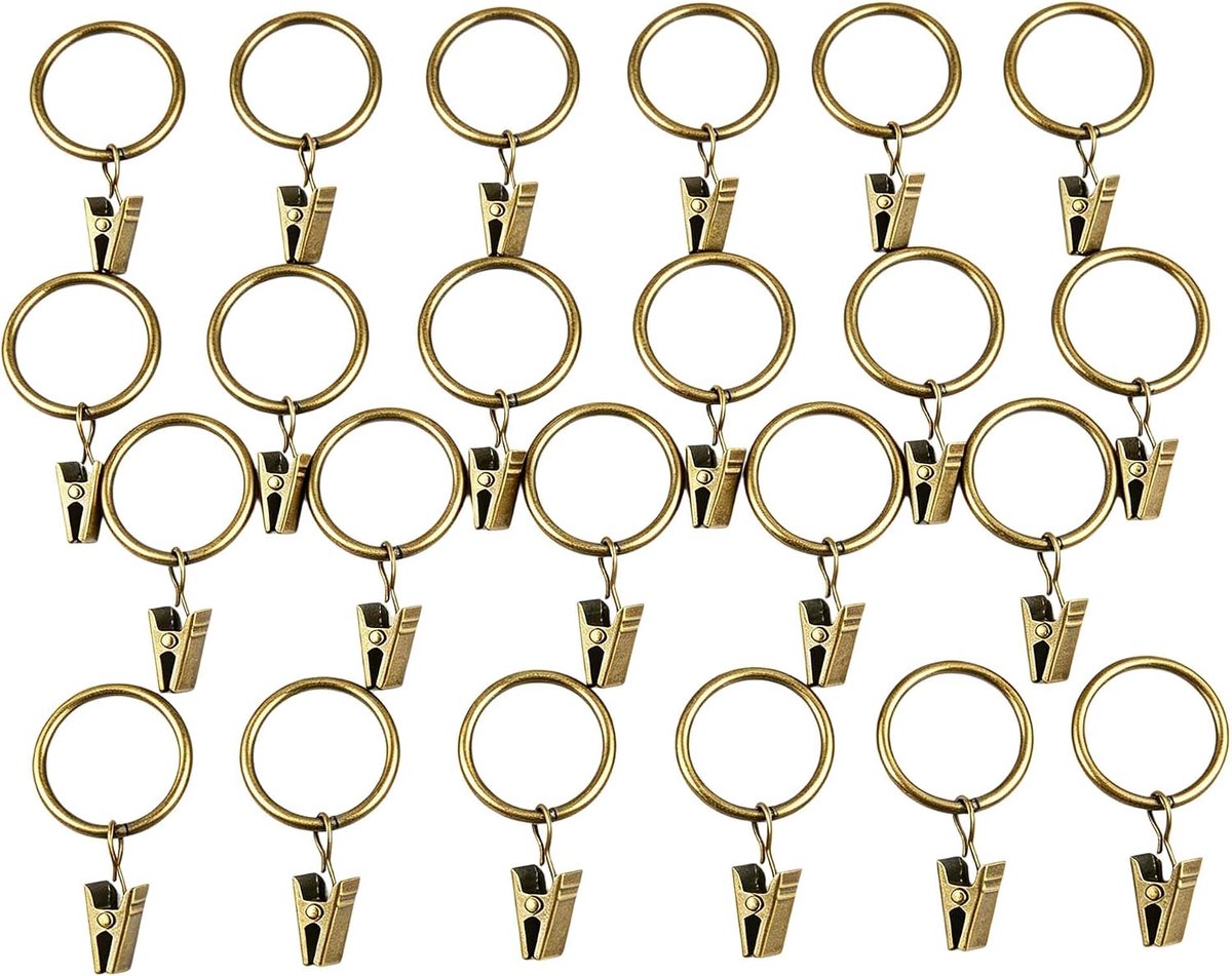Set of 40 Curtain Rings with Clips, Antique Brass Look Curtain Rings with Clips and Metal Curtain Clips, 25 mm Inner - ShopVlot