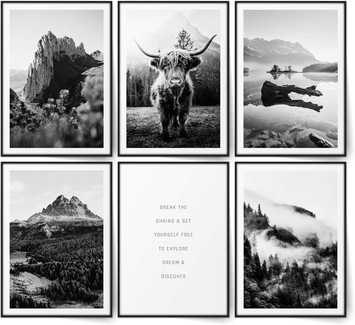BLCKART Highland Cow Poster Set Highland Mountains Nature Wall Pictures in Black and White for Living Room and Bedroom - ShopVlot