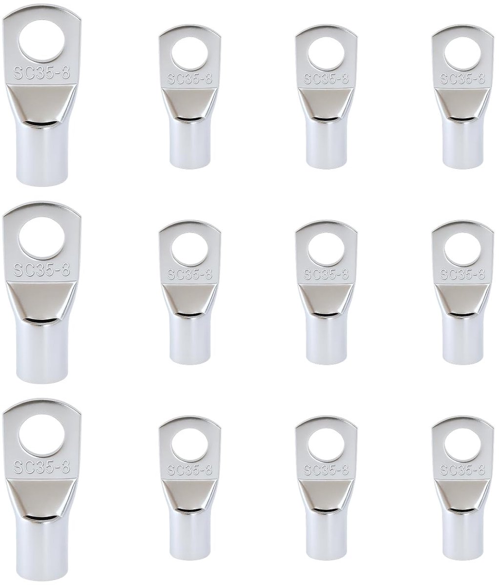 Pack of 12 Ring Lugs, 35 mm², M8 Non-Insulated Copper Terminals, Electrical Cable Plug, Ring Lugs for Car, Boat, DIY - ShopVlot