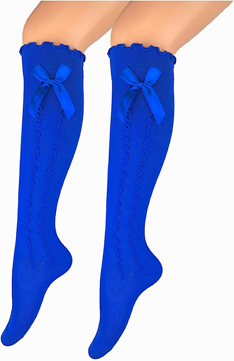 Sexy Women's Cocktail Stockings, Traditional Stockings, Knee Stockings with Satin Bow and Ruffles Blue - ShopVlot
