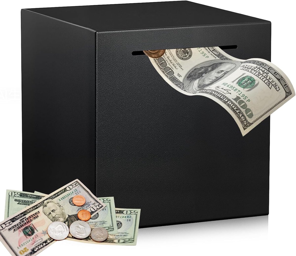 Money Box, Stainless Steel, 12 x 12 x 12 cm, Closed Money Boxes, Safe Money Box, Fallproof, Black Coins and Notes, Not - ShopVlot
