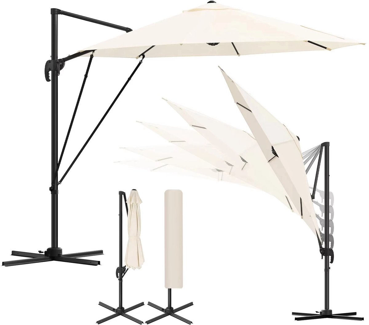 Archi Parasol - Zweefparasol 3 Meter – Hangparasol - 360° Draaibaar – 5 Kantelstanden – UV50+ – Inclusief Beschermhoes – Beige