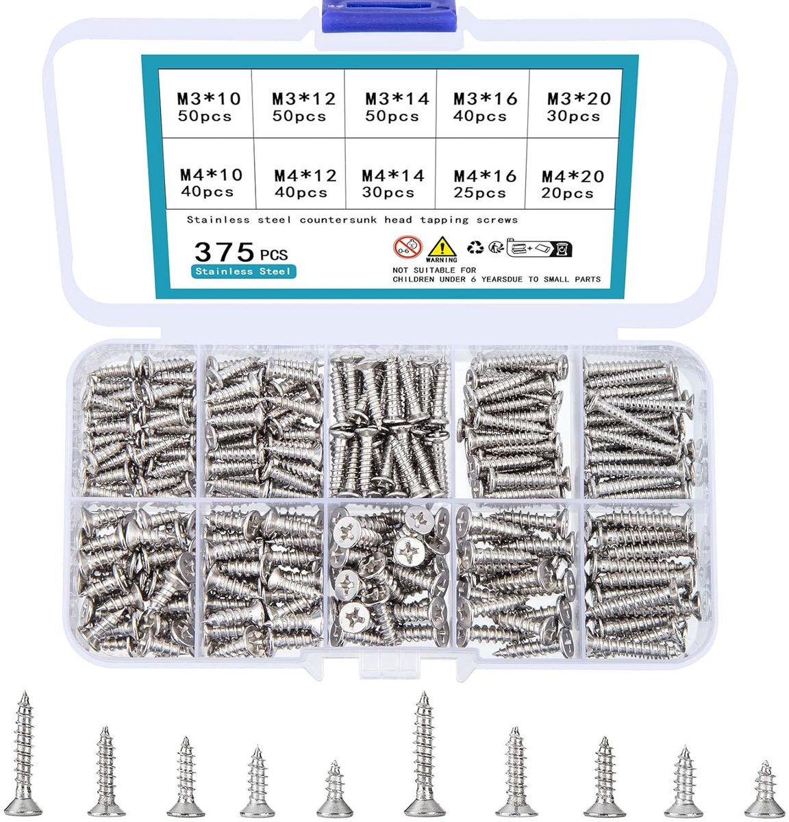 375Pcs M3 M4 Self Tapping Screws Assortment, Flat Head Phillips Screws Set, Phillips Flat Head Plate Screws Kit for - ShopVlot