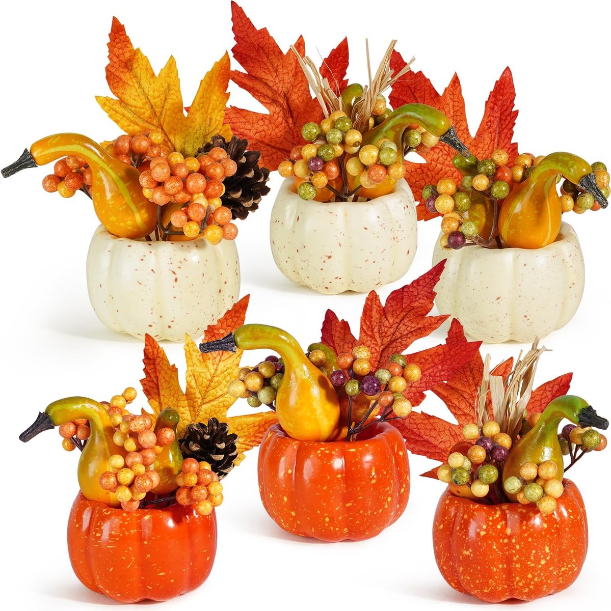 Kunststof pompoenen set van 6 - Herfstdecoratie - Oranje en beige - Perfect voor Thanksgiving - ShopVlot