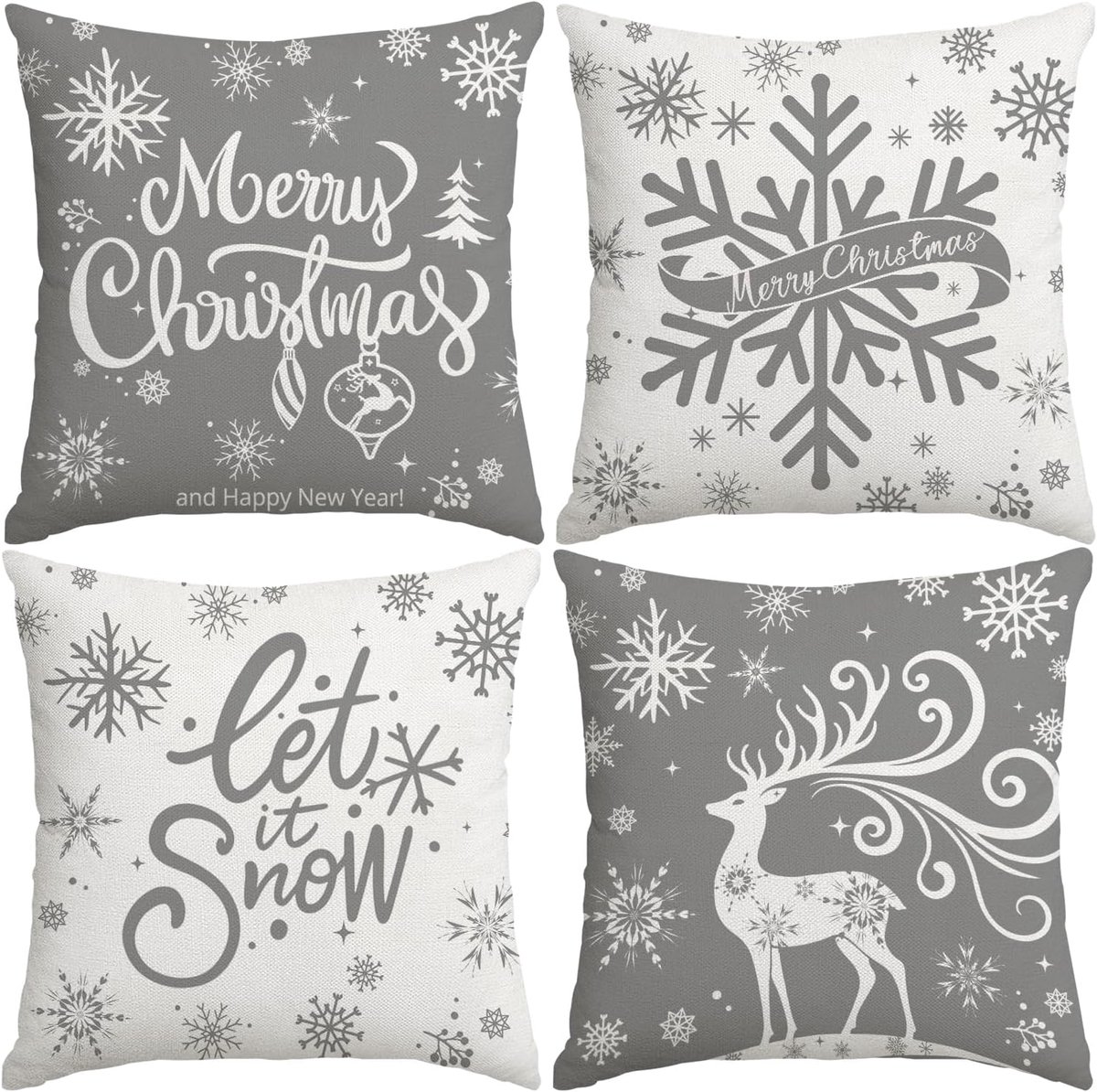 Kussenhoezen 45x45cm - Grijze sneeuwvlokken - Winterse kerstdecoratie - Set van 4 - ShopVlot