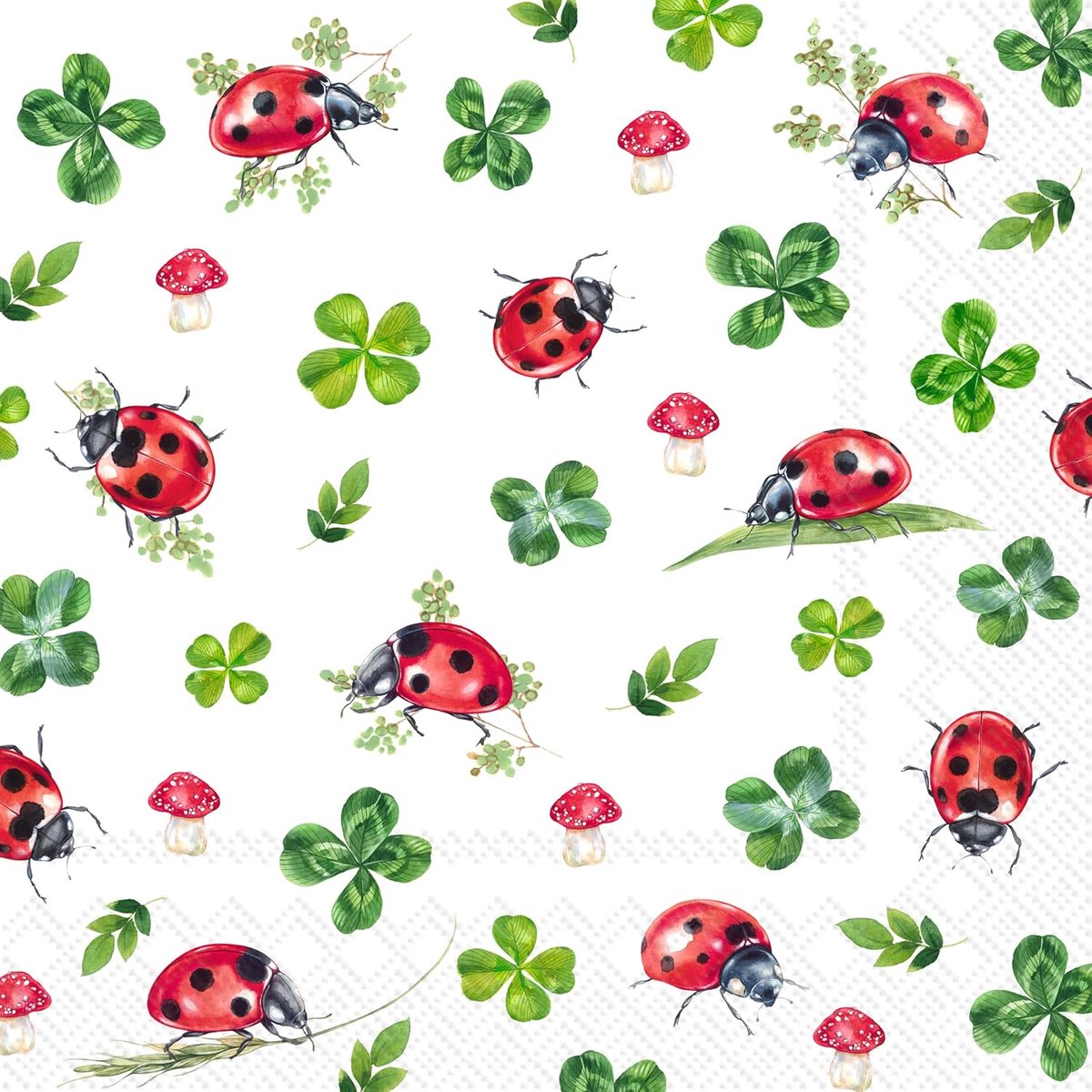 Papieren servetten bloemen 33x33 cm - motief met lieveheersbeestje, paddenstoelen en klavers - 20 stuks - ShopVlot