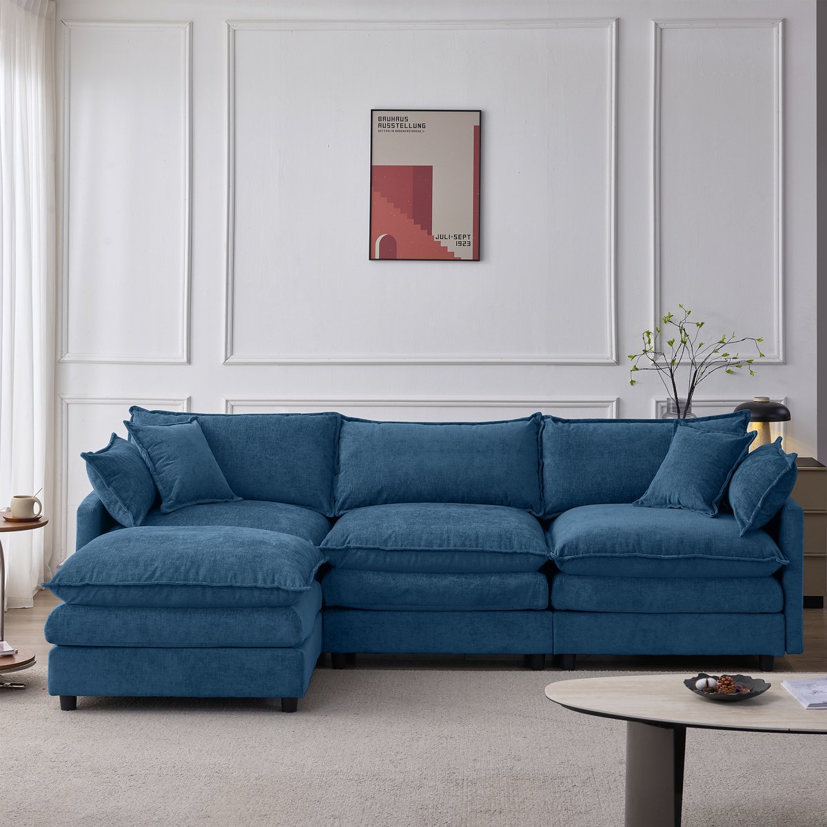 Moderne Hoekbank, L-Bank, 3-Zits bank, Modulaire Hoekbank Van Hoogwaardig Chenille – 3‑Zits Met Chaise Longue En Poef, Comfortabele L‑Vormige Bank Voor Kleine Appartementen, Woonkamers En Lounges,Blauw