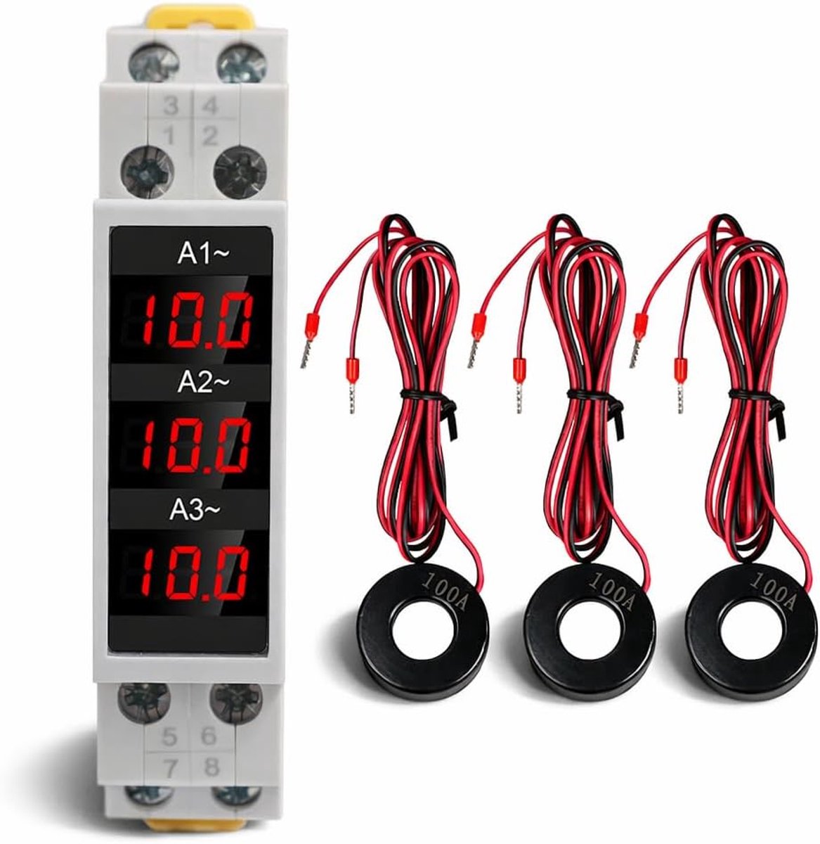 3 Phase Din Rail Ammeter, LED Digital Display DIN Rail Ammeter, Highly Accurate Ammeter with 3 Sensors AC80-500V - ShopVlot