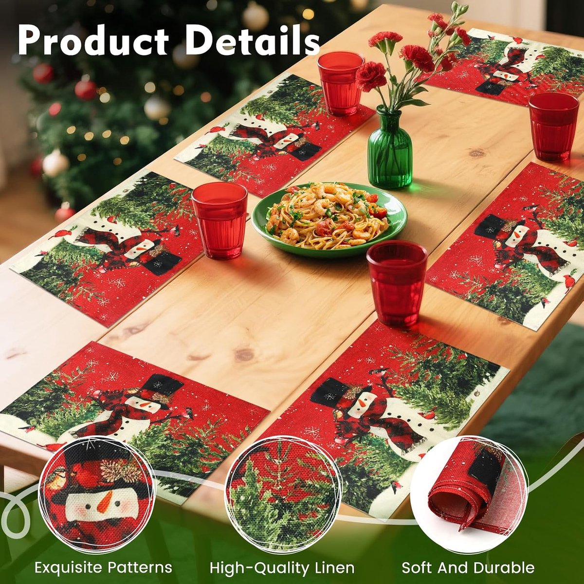 6 Pcs Linen Placemats for Christmas: Snowman Red Scarves Christmas Placemats, Washable, Winter Placemats for Table - ShopVlot