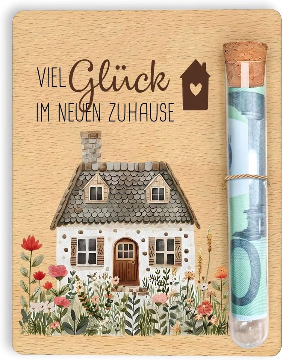 Geldgeschenk van hout voor nieuw huis, geldhouder met glazen buis en jute touw, origineel cadeau voor verhuizing en - ShopVlot