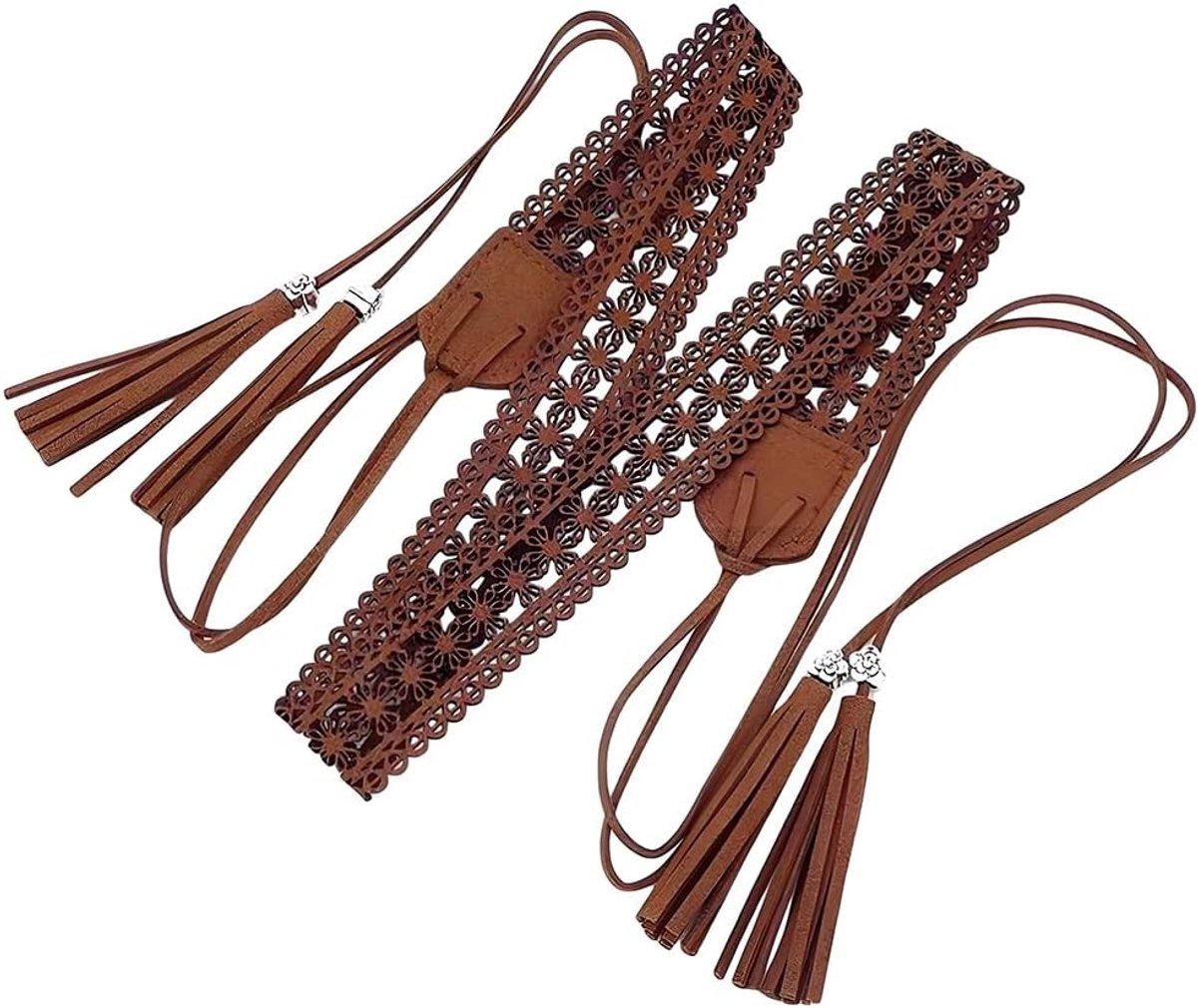 169 x 2.8cm PU Leather Boho Braided Tassel Belt Vintage Bohemian Hollow Knotted Waistband - ShopVlot