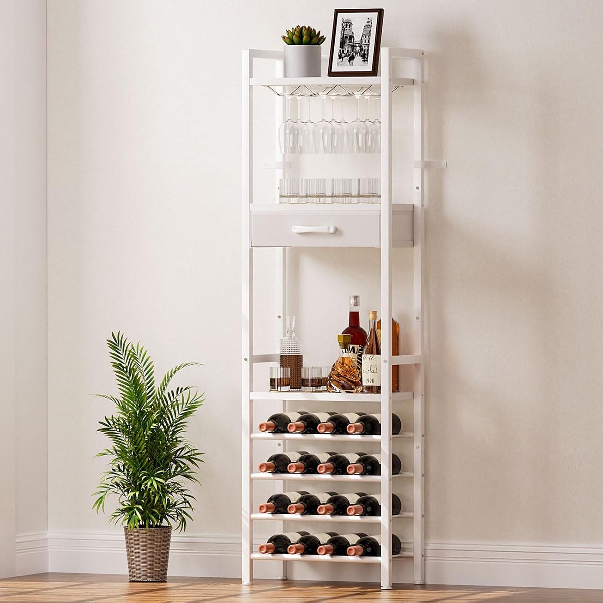 Yorbay Wine Rack for 16 Bottles, Freestanding 4-Layer Wine Rack with Glass Holders and Drawer, Vintage Metal Bottle - ShopVlot
