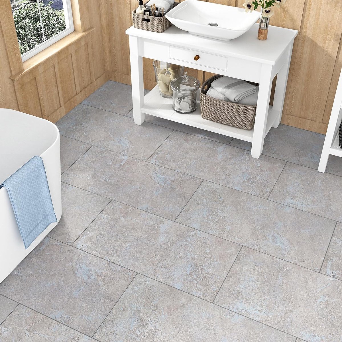 Klick Vinyl Flooring, Tile Look, PVC Flooring, Self-Adhesive Flexible Floor Stickers, 60 x 30 cm, Pack of 15 Tiles - ShopVlot