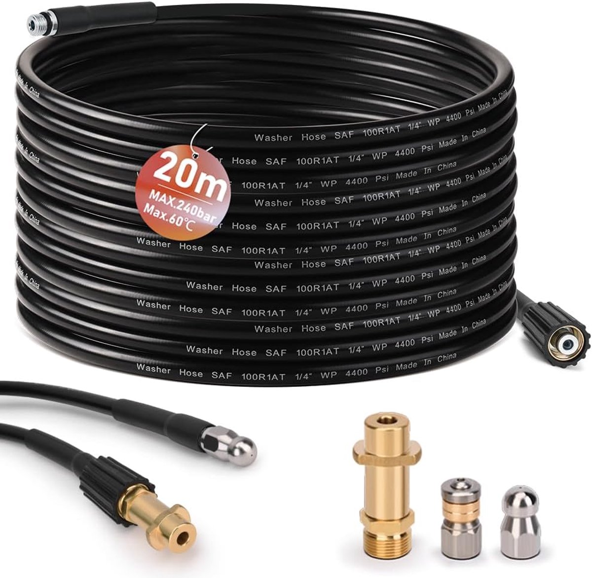 Pipe Cleaning Hose 20 m with M22 Adapter, Rigid Nozzles + Rotary, 240 Bar 140 °C Pipe Cleaning Kit Suitable for - ShopVlot