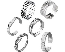 6 Pcs Men's Stainless Steel Silver Polished Jewellery Rings Chain Button Fashion Set Vintage Gothic Punk Men Women - ShopVlot