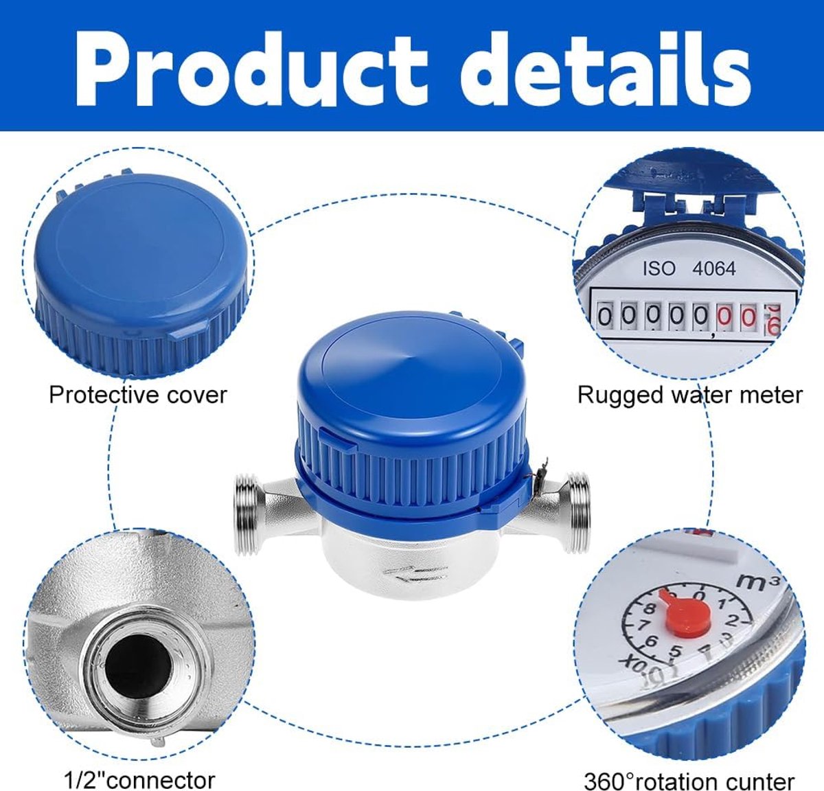 Watermeter voor tuin, 1/2 inch geijkte koude waterklok met beschermafdekking en messing verbindingen, geijkt, 0-30 °C - ShopVlot
