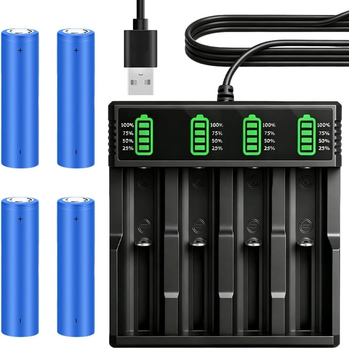 Oplaadbare 3.7V Batterijen met USB Lader - 4 Stuks 2200mAh NIMH voor Zaklampen, Camera's en Ventilatoren