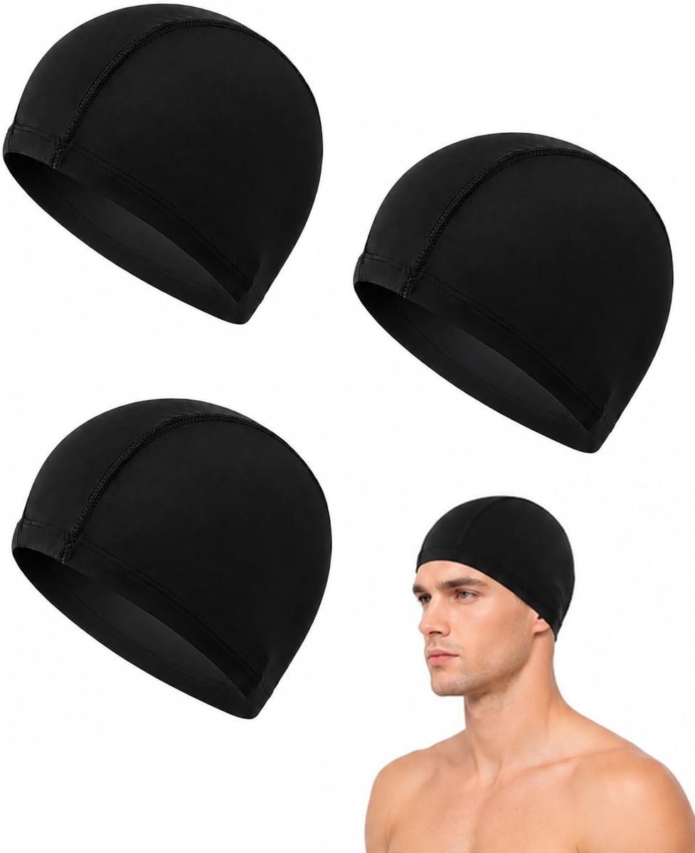 Set van 3 badmutsen van zwarte stof, elastisch, naad, 5 draden, voor heren, dames, kinderen, sneldrogend, zonder - ShopVlot