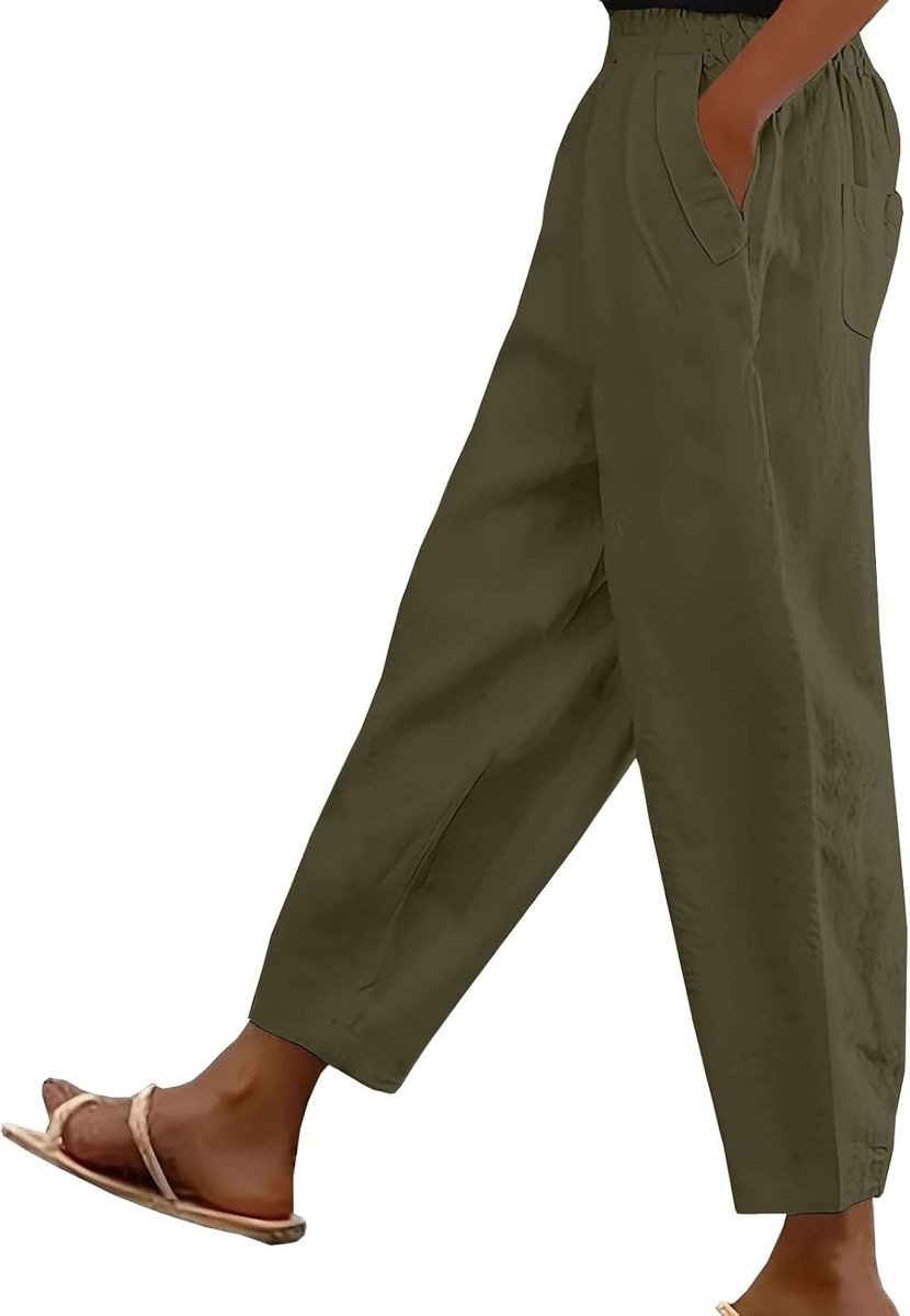 Yutdeng Women's Cotton Linen Pants UK Casual Cropped Barrel Palazzo Pants Elastic Waist Laides Pants Summer Lounge - ShopVlot