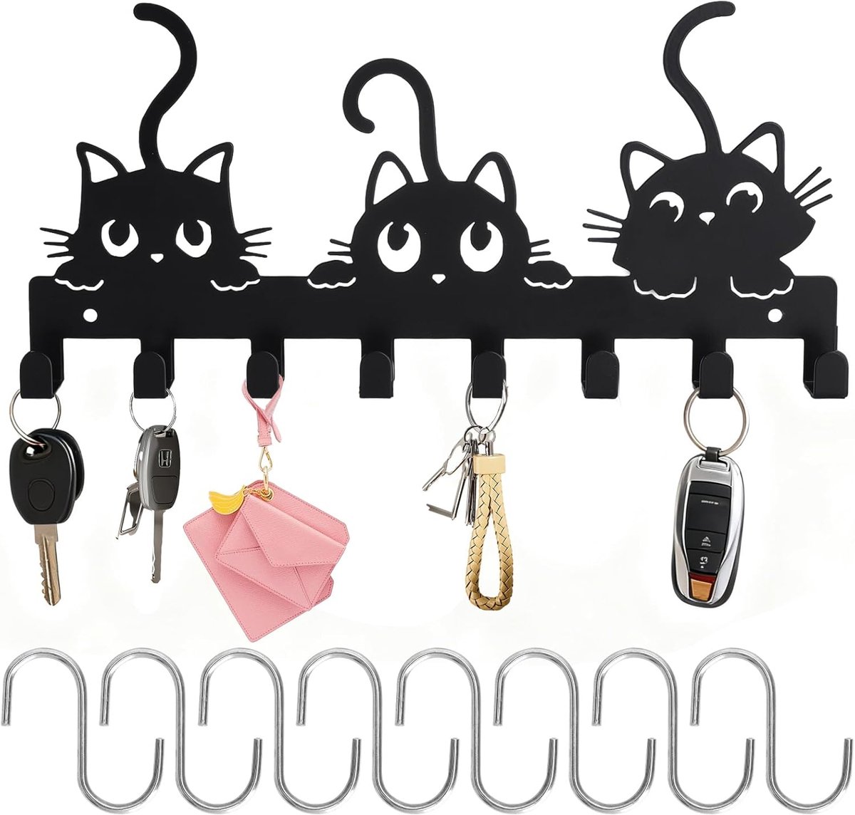 Sleutelhanger Modern met 8 Haken - Zwart met Kattenkunst - Wanddecoratie voor Hal en Woonkamer - ShopVlot