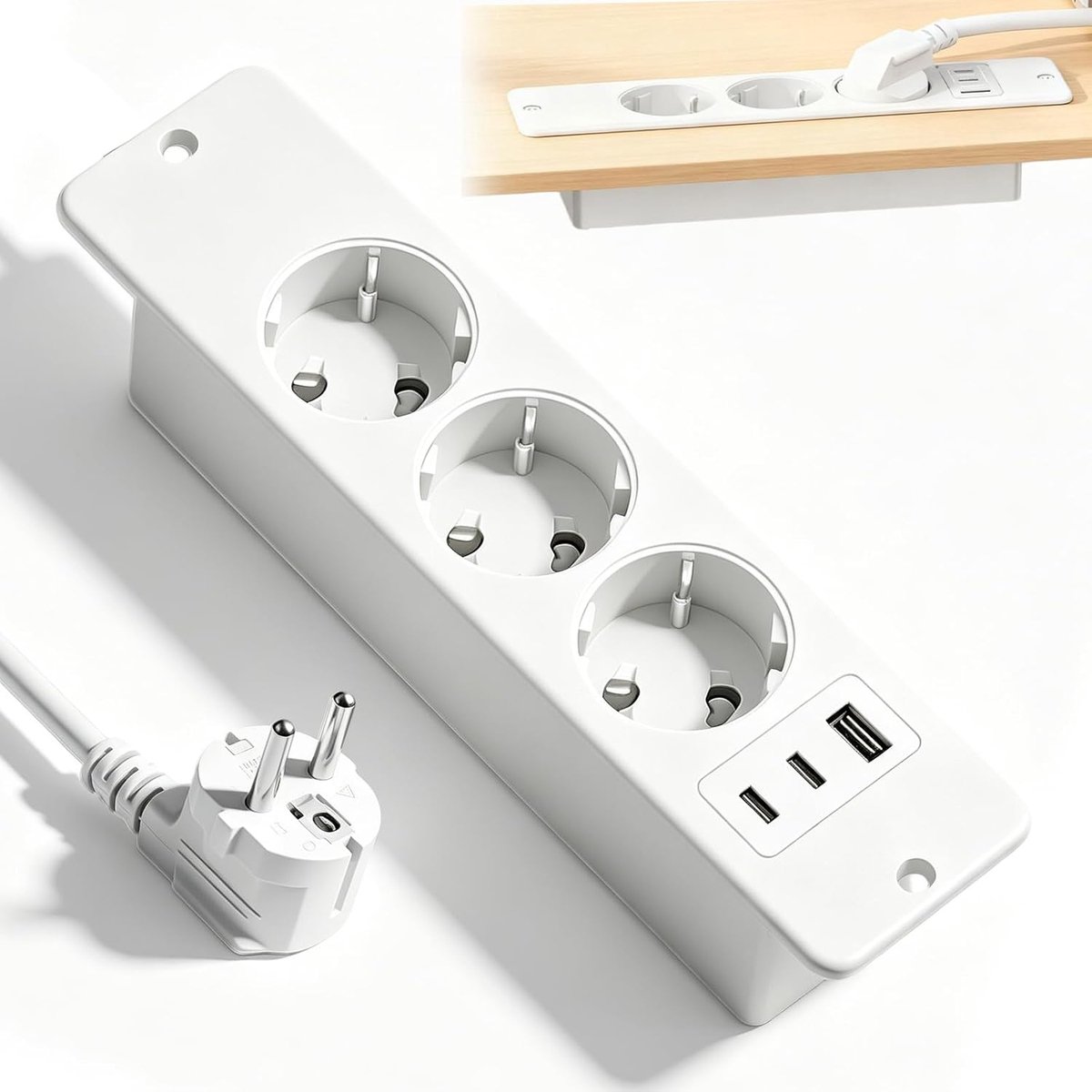 Tafelblad stopcontact met 2 USB-C - 3-voudig inbouwstopcontact - 1,5 m kabel - ideaal voor werkbladen - ShopVlot