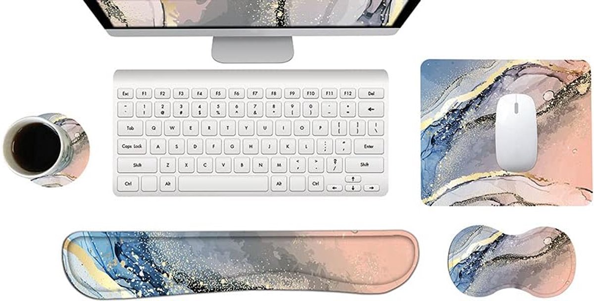 Keyboard Polssteun Set - 4-delig - Marmer - Vermindert pijn bij langdurig gebruik - ShopVlot